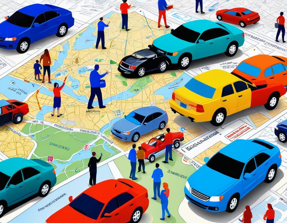 A visually striking illustration of a diverse group of people exploring a vast map of auto insurance options, with vehicles of various types in the background. Highlight key elements like shields representing coverage, magnifying glasses symbolizing careful selection, and a bright sun indicating clarity in choosing the best options. The overall tone should be informative yet engaging, inviting readers to delve deeper. vibrant colors. infographic style.