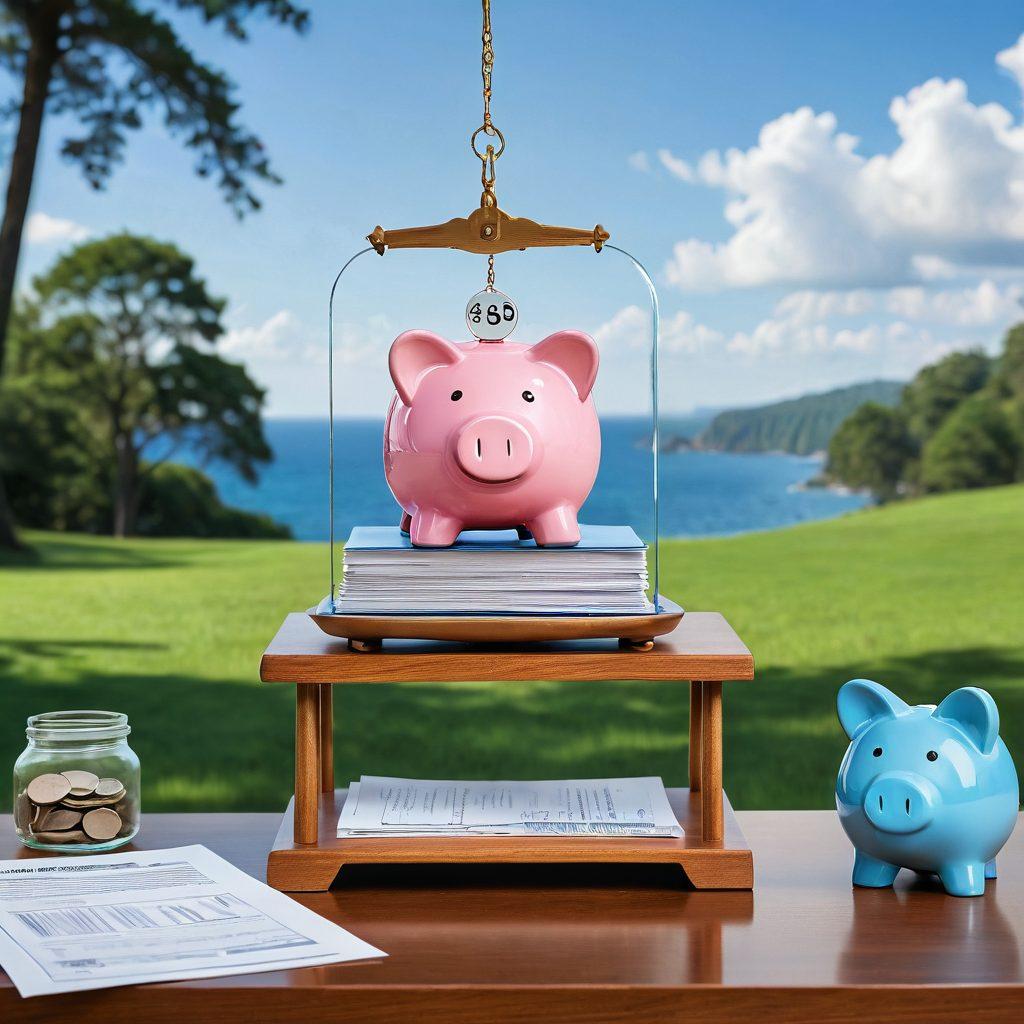 A visual representation of a balanced scale weighing insurance documents and a piggy bank, symbolizing affordability and protection. Surrounding elements include a magnifying glass focusing on fine print and a chart displaying fluctuating insurance rates. The background should depict a serene landscape to convey peace of mind. super-realistic. vibrant colors. white background.