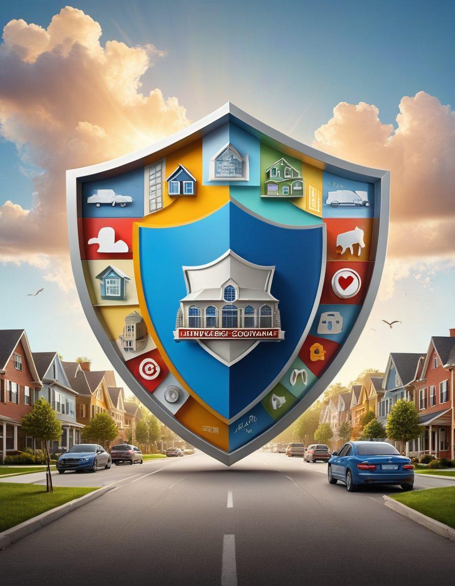 A visually engaging depiction of diverse insurance options, featuring a shield symbolizing protection surrounded by various icons representing different coverage types, such as health, home, and auto. Incorporate a tranquil background of an urban landscape and people feeling secure and happy. The colors should be bold and inviting, evoking trust and safety. super-realistic. vibrant colors. 3D.